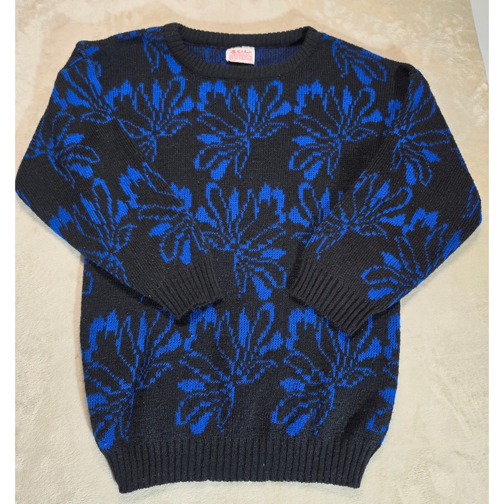 Bel-Ami Vintage Mens Black Blue Floral Leaf‎ Knit Sweater Crew Neck 
 Small